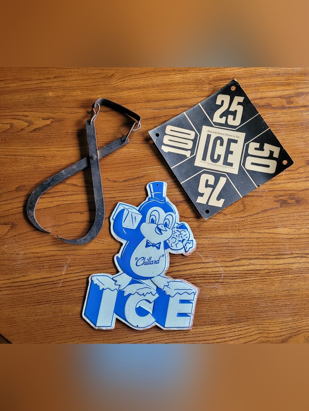 Blue ICE Penguin Sign W/ Vintage Ice Tongs & Poundage Sign